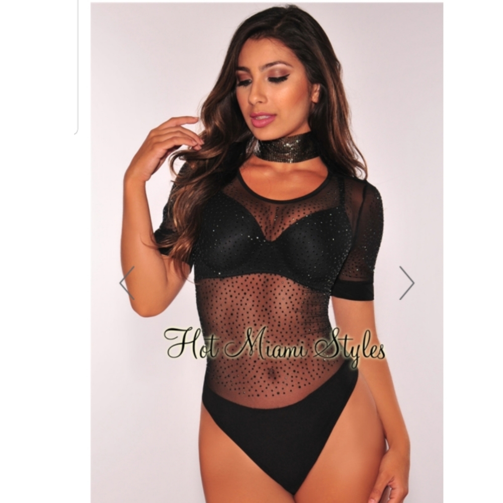 Hot Miami Styles Black Sheer Rhinestone Short Sleeve Bodysuit
